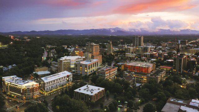 Asheville city downtown during sunset North Carolina Aerial view