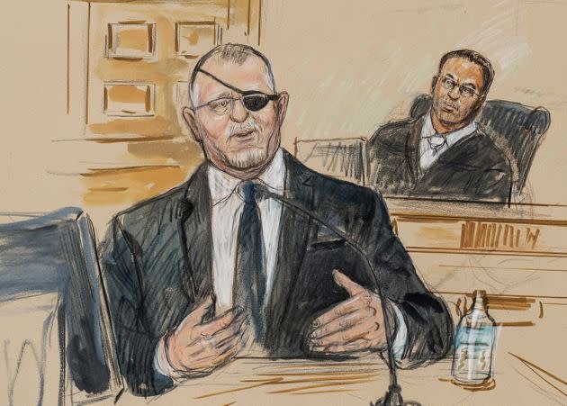 This artist sketch depicts the trial of Oath Keepers leader Stewart Rhodes as he testifies Monday before U.S. District Judge Amit Mehta on charges of seditious conspiracy in the Jan. 6, 2021, Capitol attack. (Photo: Courtroom sketch by Dana Verkouteren via Associated Press)