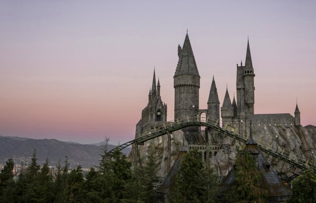 Hogwarts castle, with a view of the Flight of the Hippogriff ride, Universal Studios Hollywood’s first outdoor roller coaster