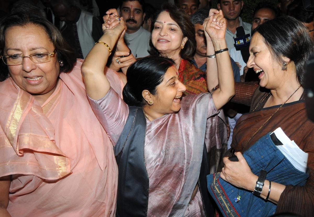 (From left) Najma Heptullah, Maya Singh, Sushma Swaraj and Brinda Karat, celebrate the passing of the Women’s Reservation Bill in the Rajya Sabha in 2010.