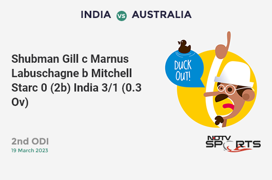 IND vs AUS: 2nd ODI: WICKET! Shubman Gill c Marnus Labuschagne b Mitchell Starc 0 (2b, 0x4, 0x6). IND 3/1 (0.3 Ov). CRR: 6