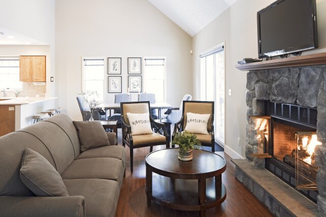 Guest living area with fireplace at Woodloch Resort in Hawley, Pennsylvania