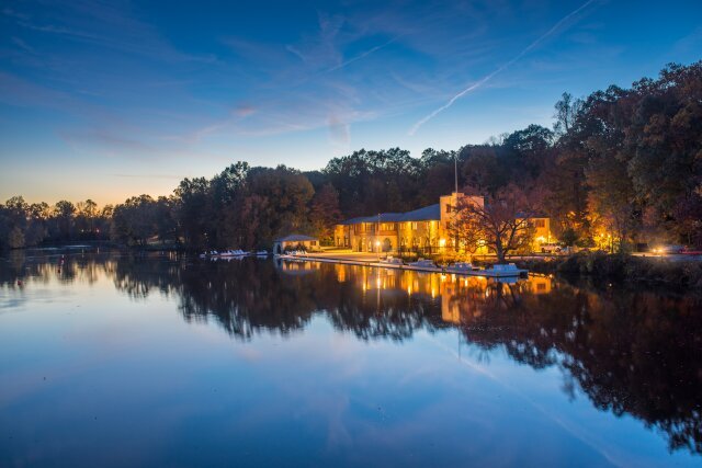 House on the river at twilight in Princeton, New Jersey.